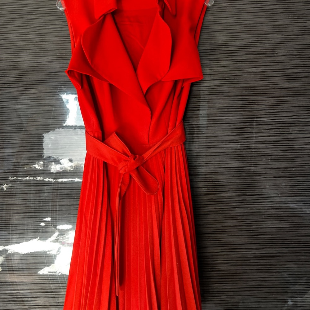 Karen Millen Vibrant Red Pleated Midi Dress with Tie Waist